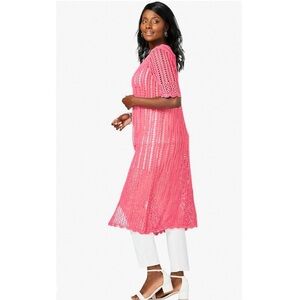 Jessica London Crochet Cardigan M Pink Boho Coastal‎ Cotton Euro Summer Duster